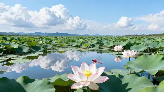 蜻蜓轻点花苞，池水泛着细碎涟漪，燥热的暑气仿佛都被这片荷塘温柔冲淡。驻足池边静静