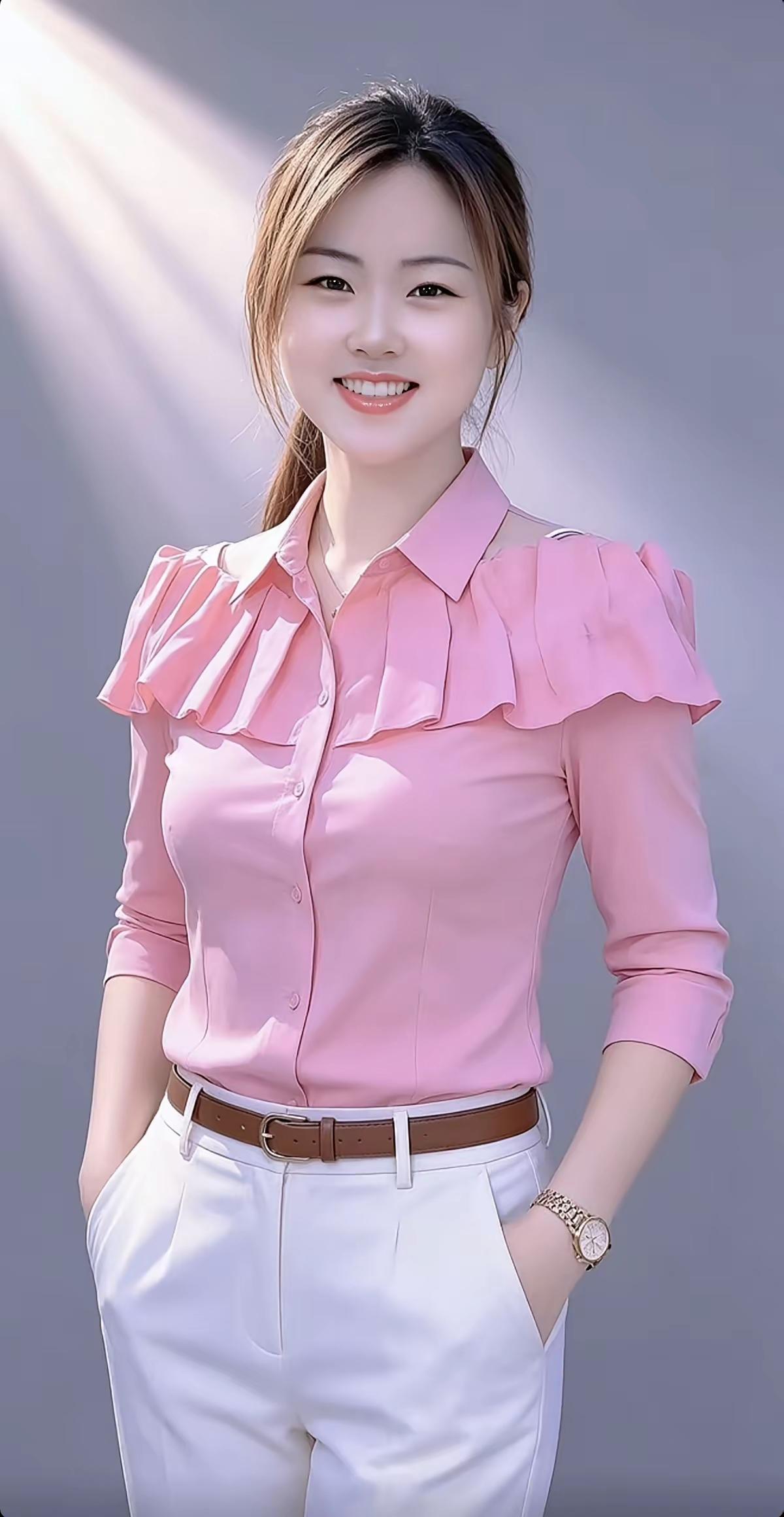 穿粉色衬衫的姑娘在微笑。