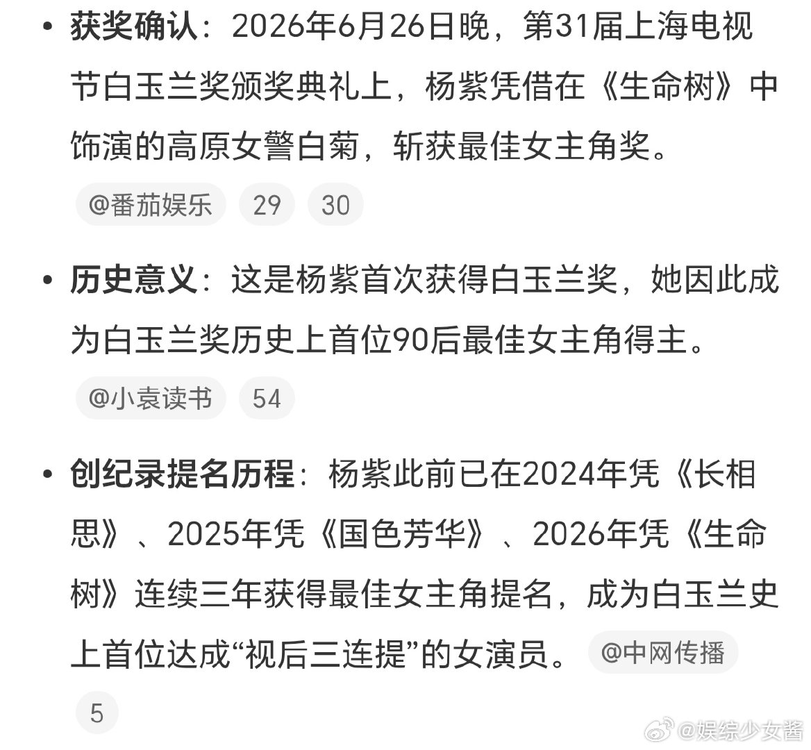 杨紫三战白玉兰，白玉兰首位90后视后的含金量！！杨紫三战白玉兰