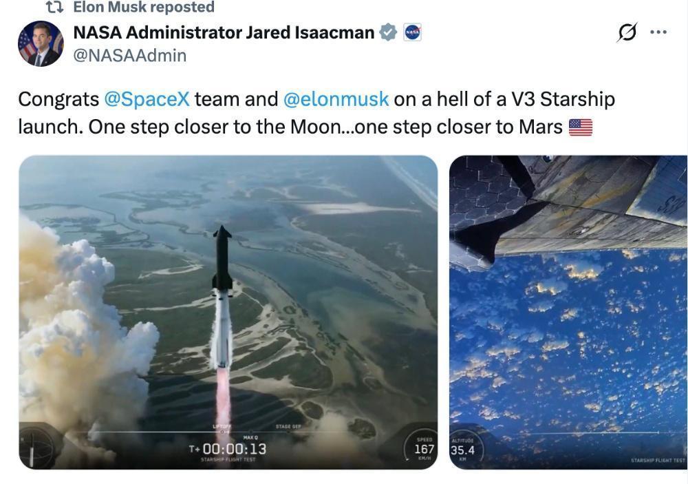 刚刚，马斯克SpaceX发射人类史上最大最强火箭！NASA局长点赞星舰V3

S