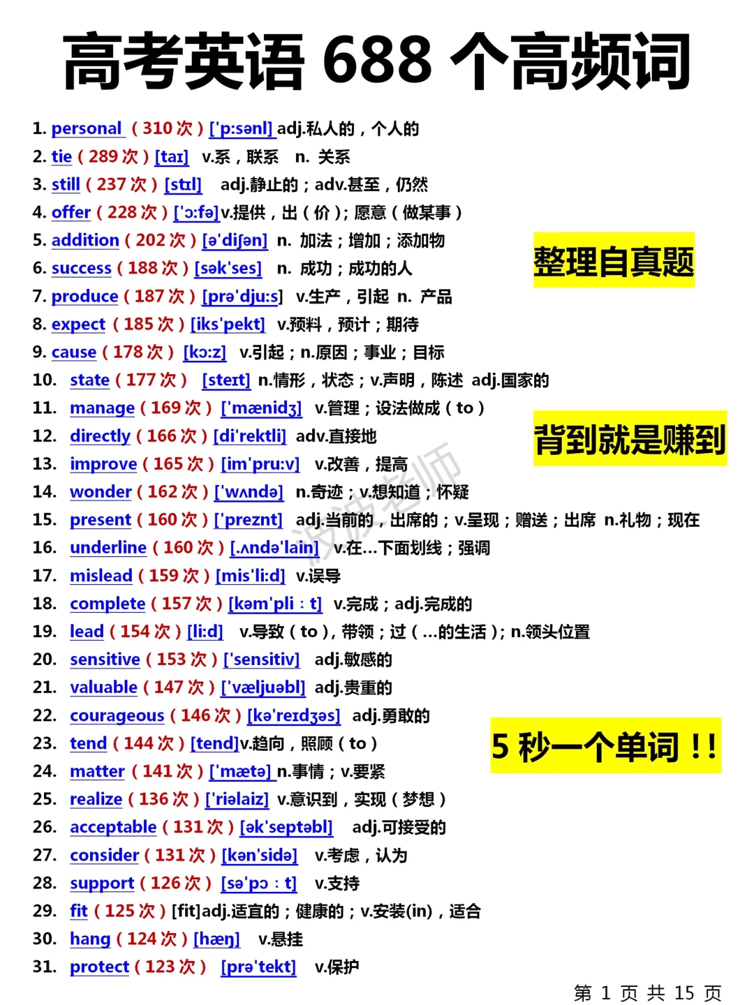有音标释义！2天背完！高考英语高频词699个！