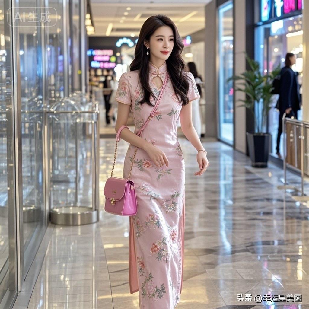 优雅旗袍穿搭，粉色花枝点缀，尽显东方韵味！