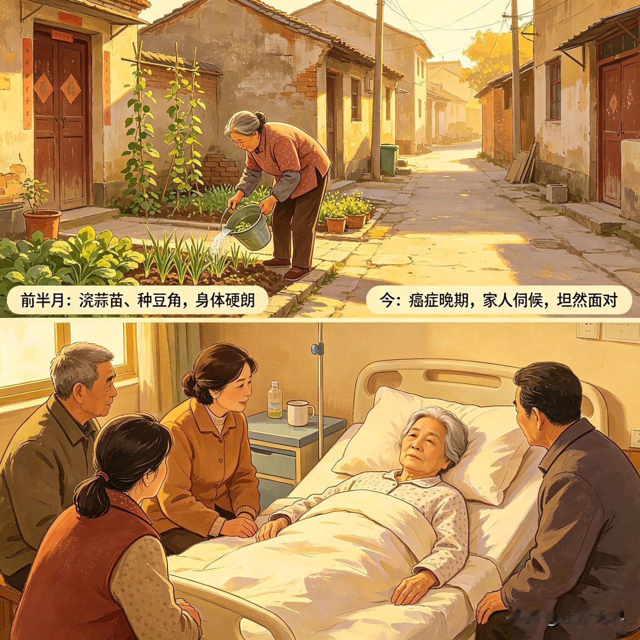 前半月，还看见街上张婶，在门前空地细心浇蒜苗、种豆角，身体硬朗，精气神特别好。