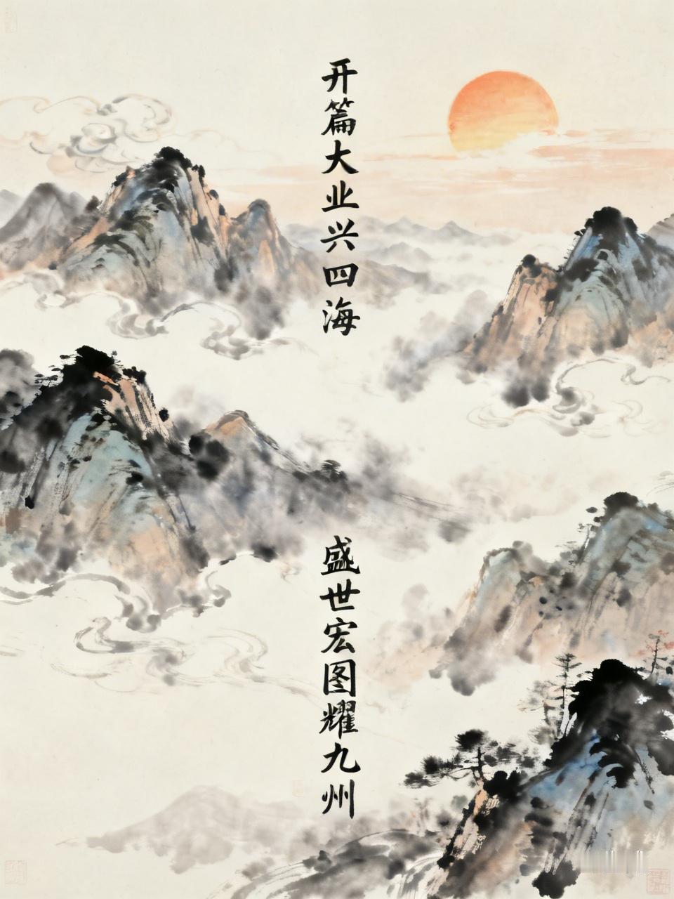 看到“盛世宏图耀九州”这个下联，一下子就有灵感了。我觉得“开篇大业兴四海”可以作