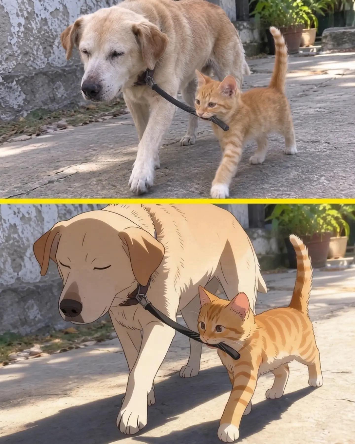 谁能躲过这跨物种的温柔啊。小猫甘愿做盲犬的引路者，无声陪伴胜过千言万语...
