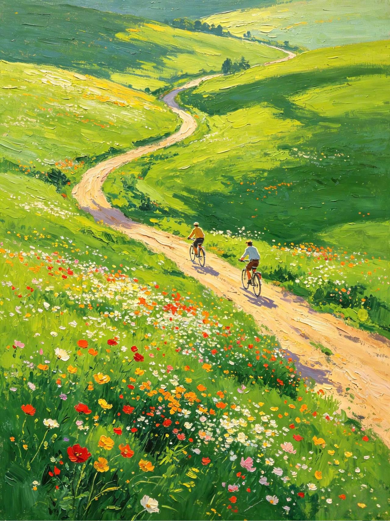 原来油画里的夏天，是有声音的。🎨
是自行车碾过泥土路的沙沙声，是风吹过裙摆的声