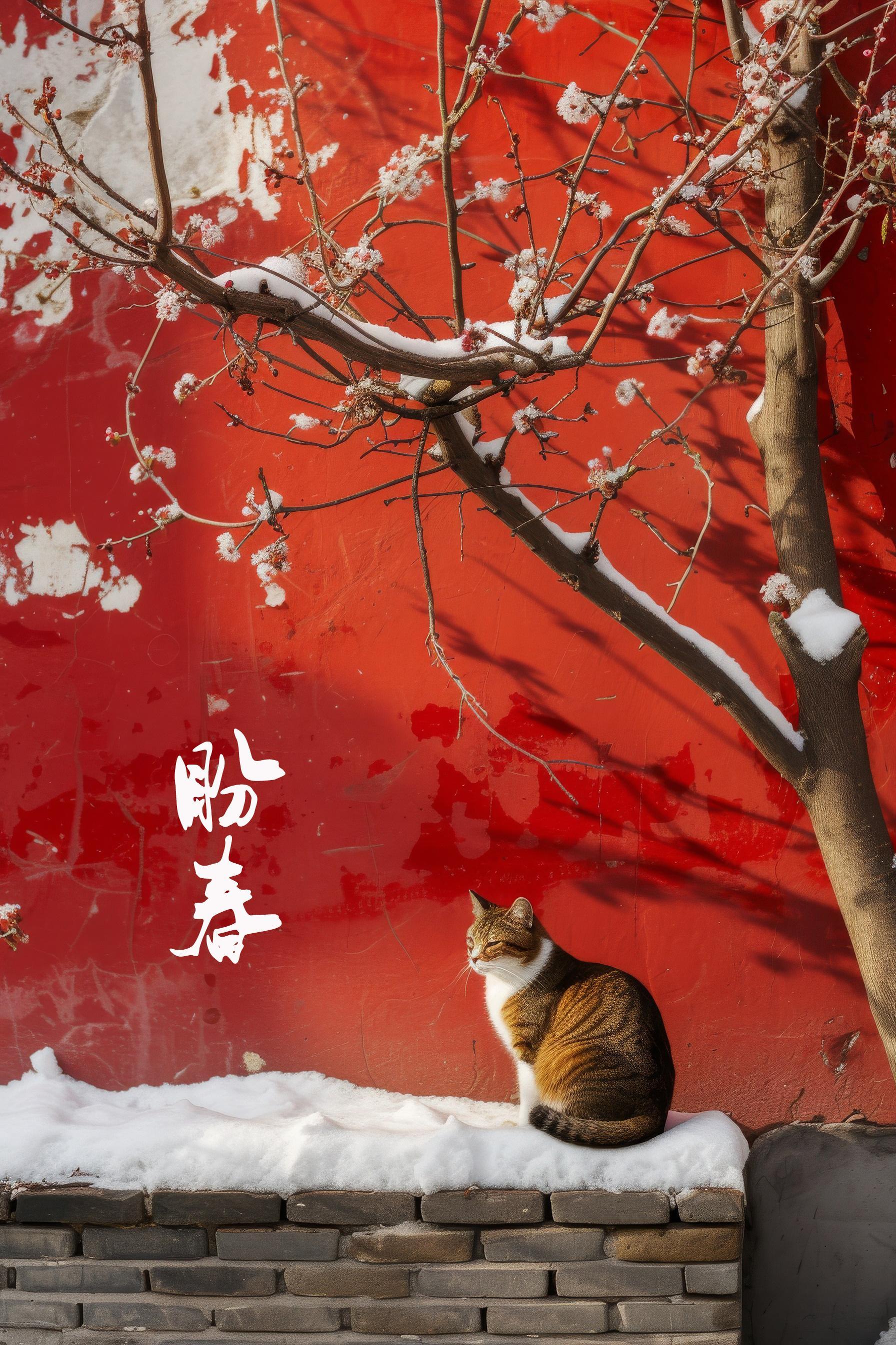 雪后故宫静悄悄，红墙白雪树轻摇。猫儿独坐享快意，心境恬淡无忧烦。 ​​​