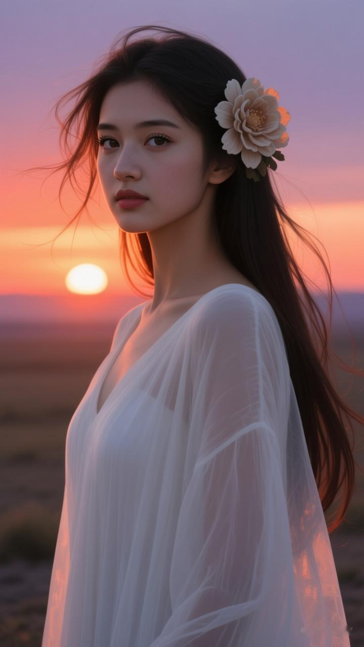 夕阳下的少女，温柔如水，花饰点缀，唯美浪漫。