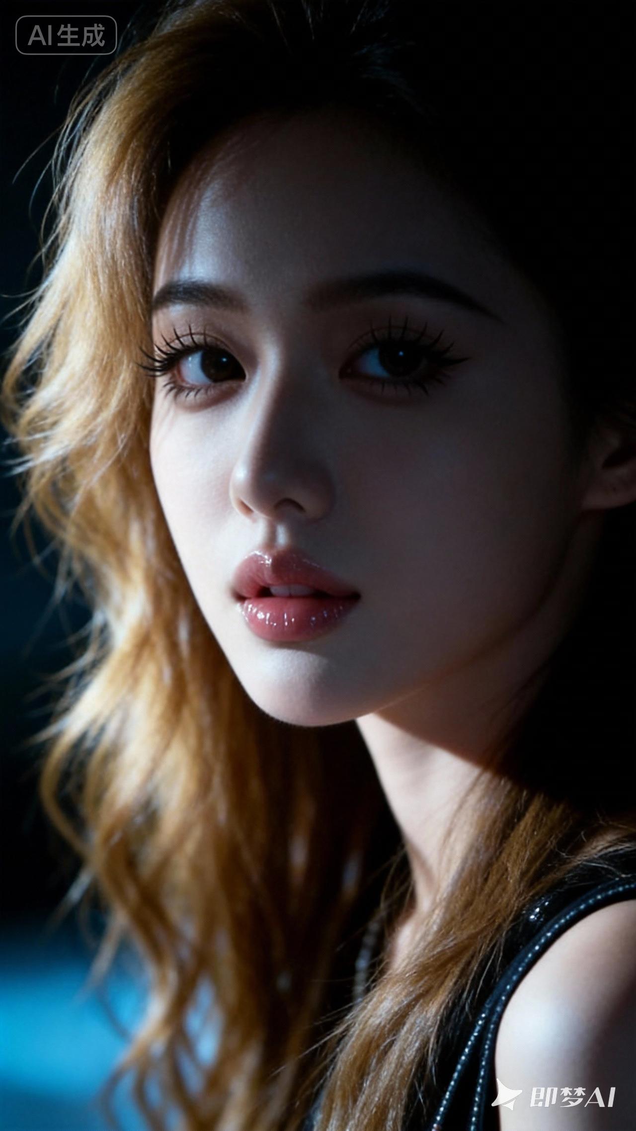 绝美东方女性，金棕色垂坠柔顺微卷长发，蓬松自然，冷白皮，极致的妆容，水润滑嫩，油