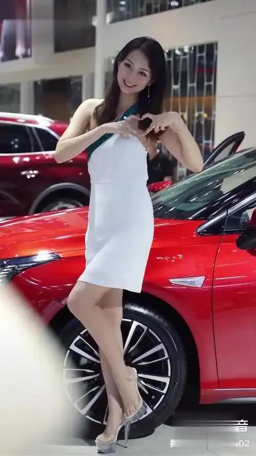 靓丽车模驾到
红妆美人倚红车，玉手轻抚心间情。