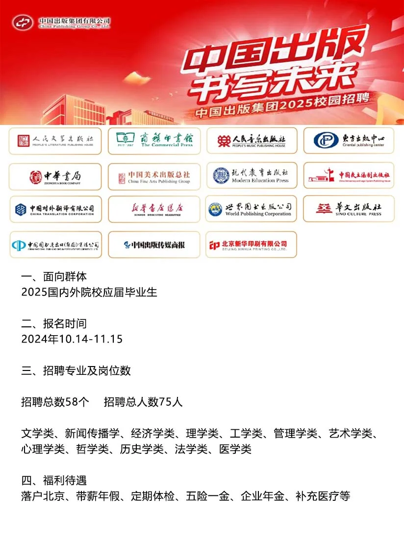 中国出版集团招人啦！解决北京户口！