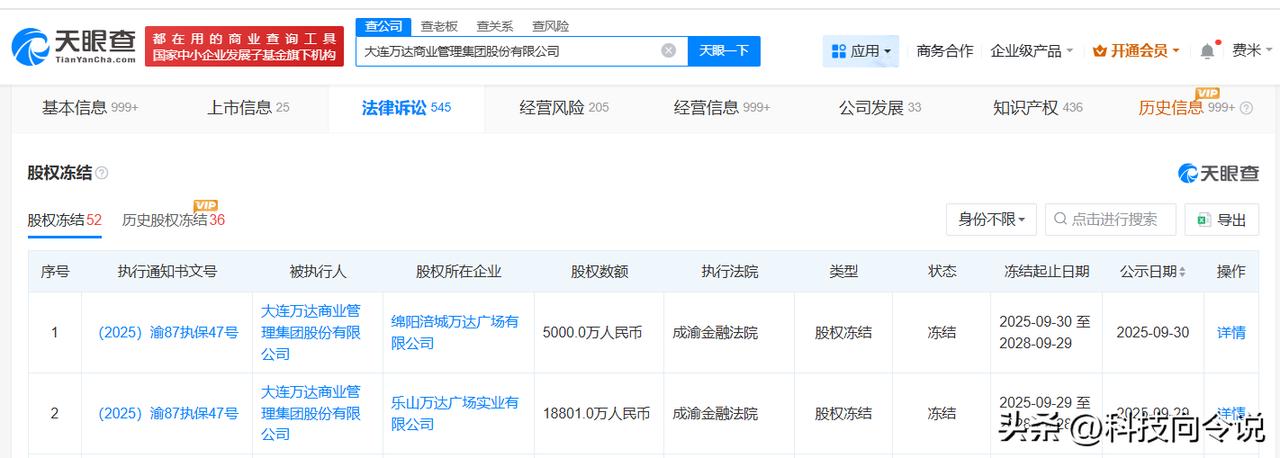 【大连万达商管所持两地万达广场股权被冻结 大连万达商管被冻结2.38亿股权】
天