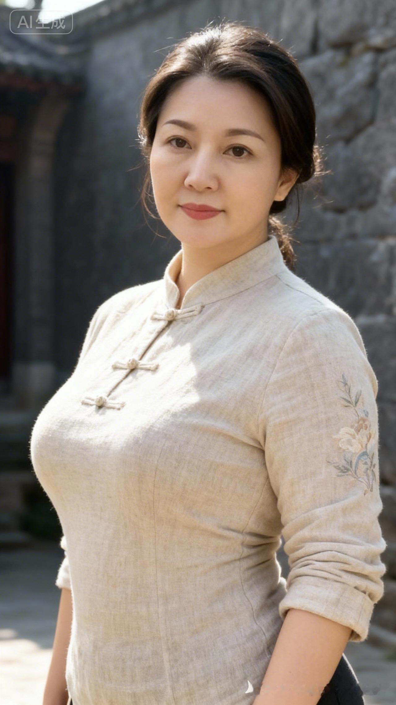 穿旗袍的女士在阳光下微笑。