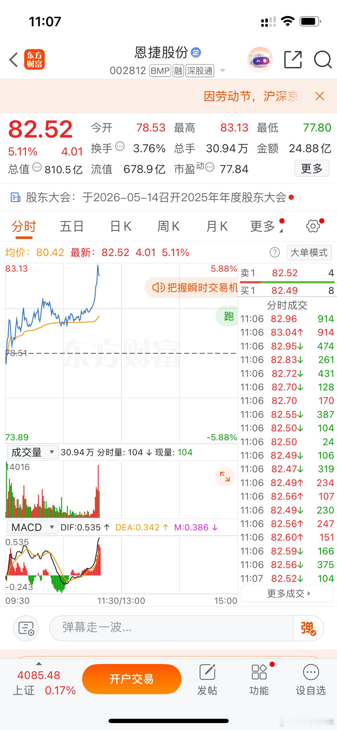 兄弟们！星期一上车的恩捷股份也启动了！天天吃肉！ 7000铁粉评论500都到达不