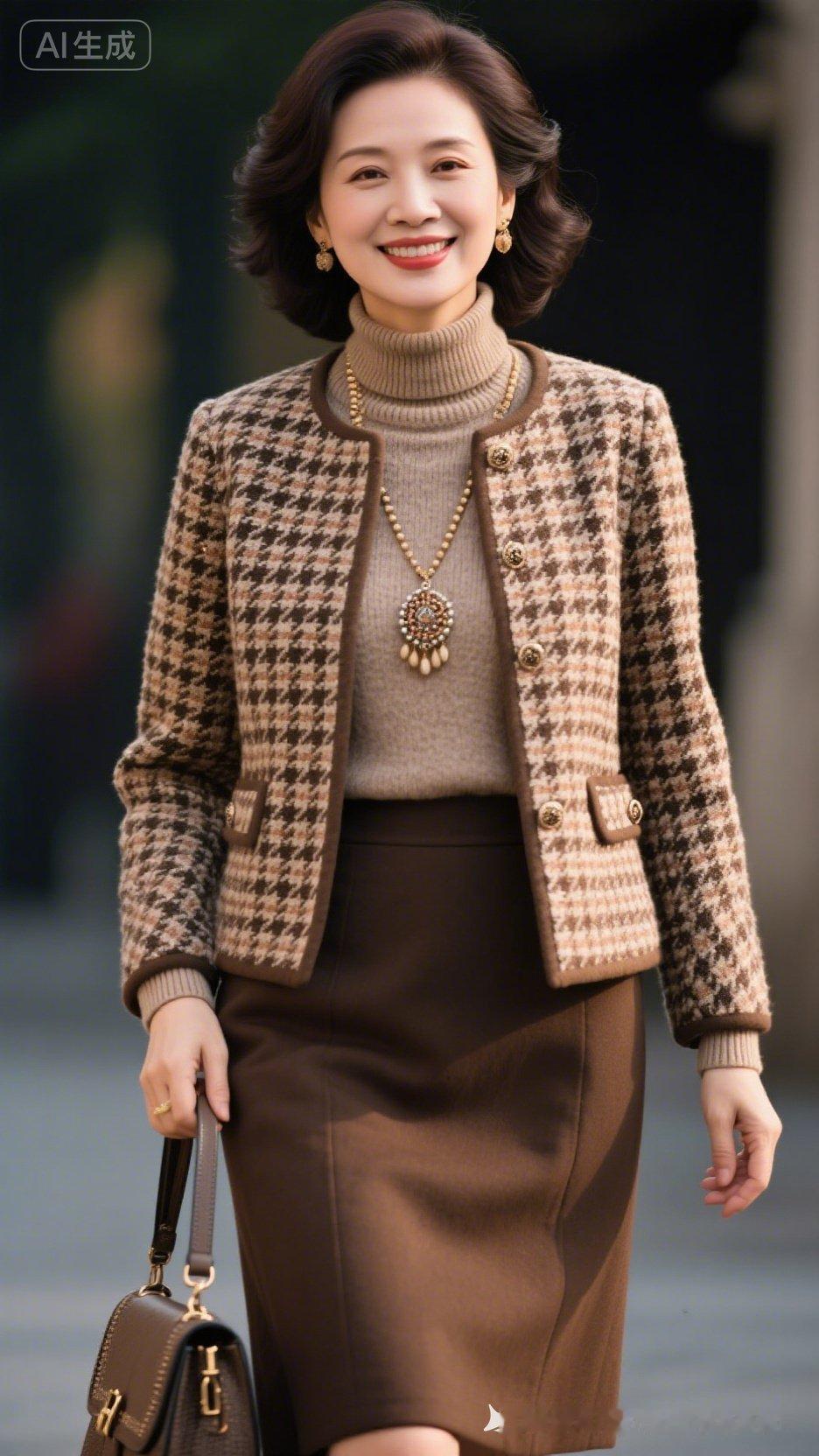优雅气质穿搭，复古格纹外套搭配高领毛衣，尽显时尚魅力！