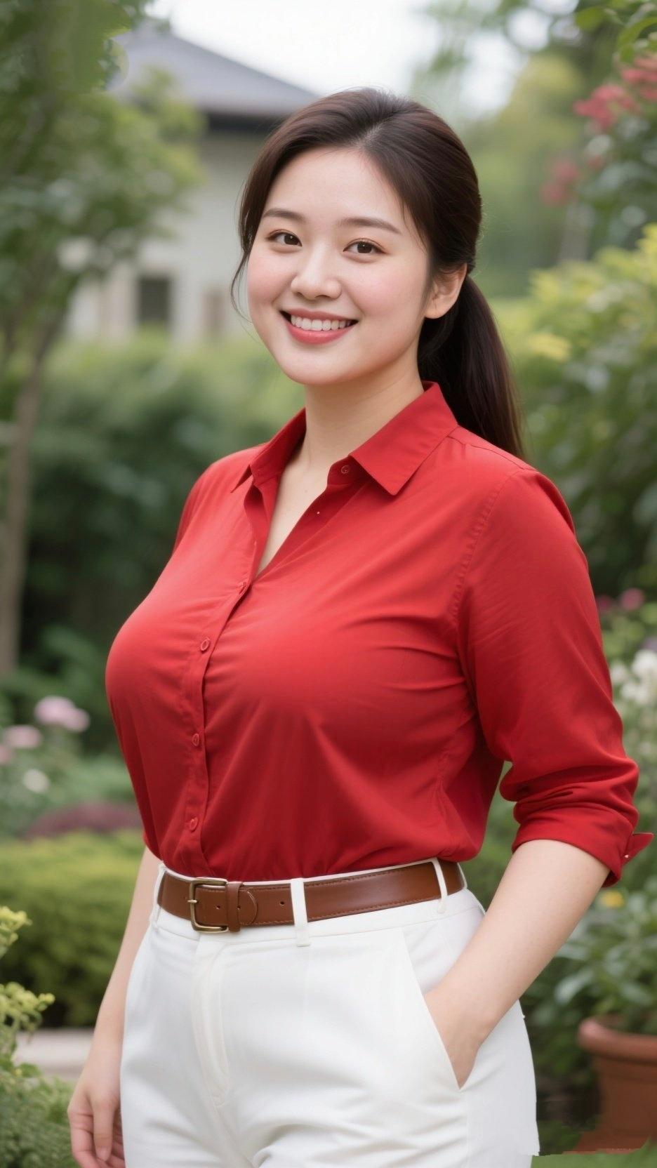 《红衣浅立》
 
朱衫翻领趁风轻，半挽云袖映日明。
棕带束腰裁素影，白裤垂落趁身