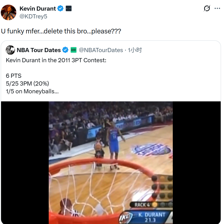 笑死了有人翻出了KD当年参加三分大赛只拿6分的黑历史，KD亲自转发：你变态吧..