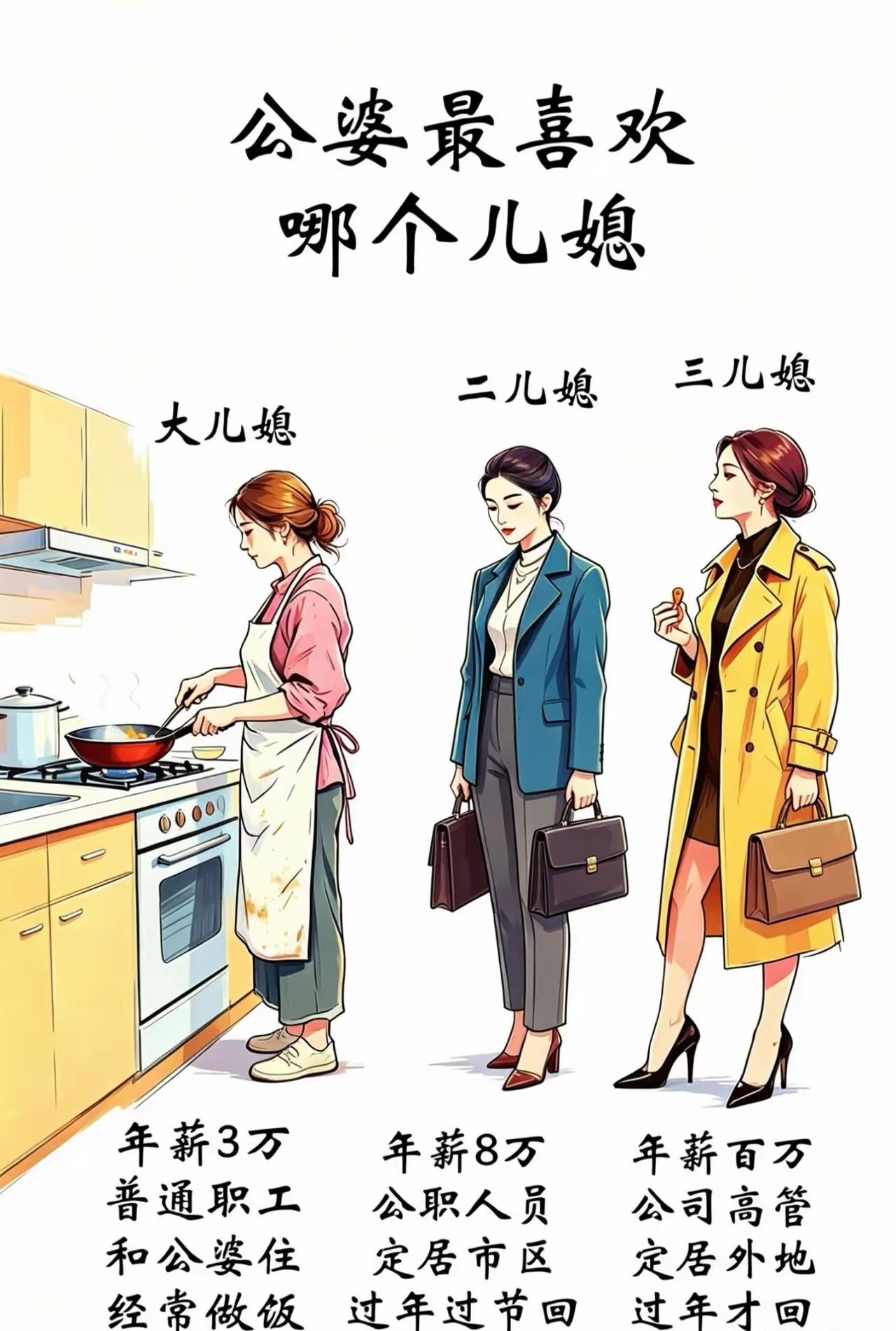 记录我的2026公婆家里有三个儿子，都分别娶了三个媳妇回来。她们都的职业各不相同