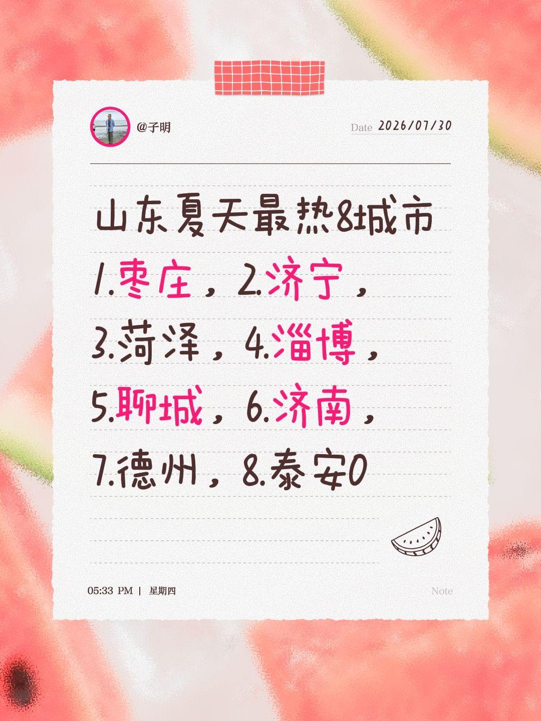 山东夏天最热8城市 1.枣庄，2.济宁， 3.菏泽，4.淄博， 5.聊...