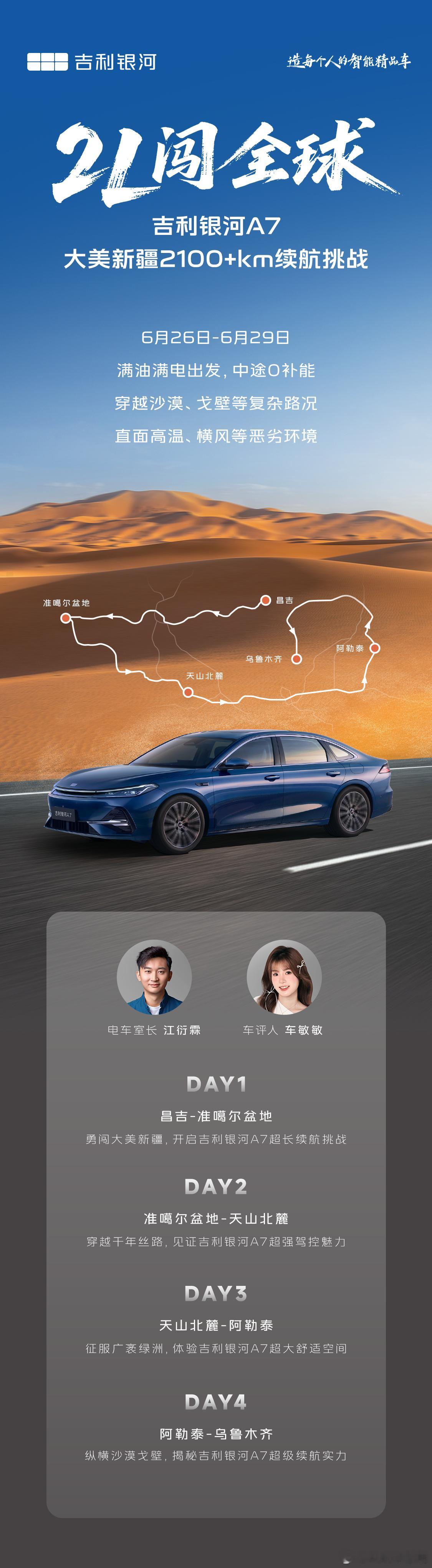 吉利银河A7 2L闯全球大美新疆2100+km续航挑战即将开启🔛满油满电出发 