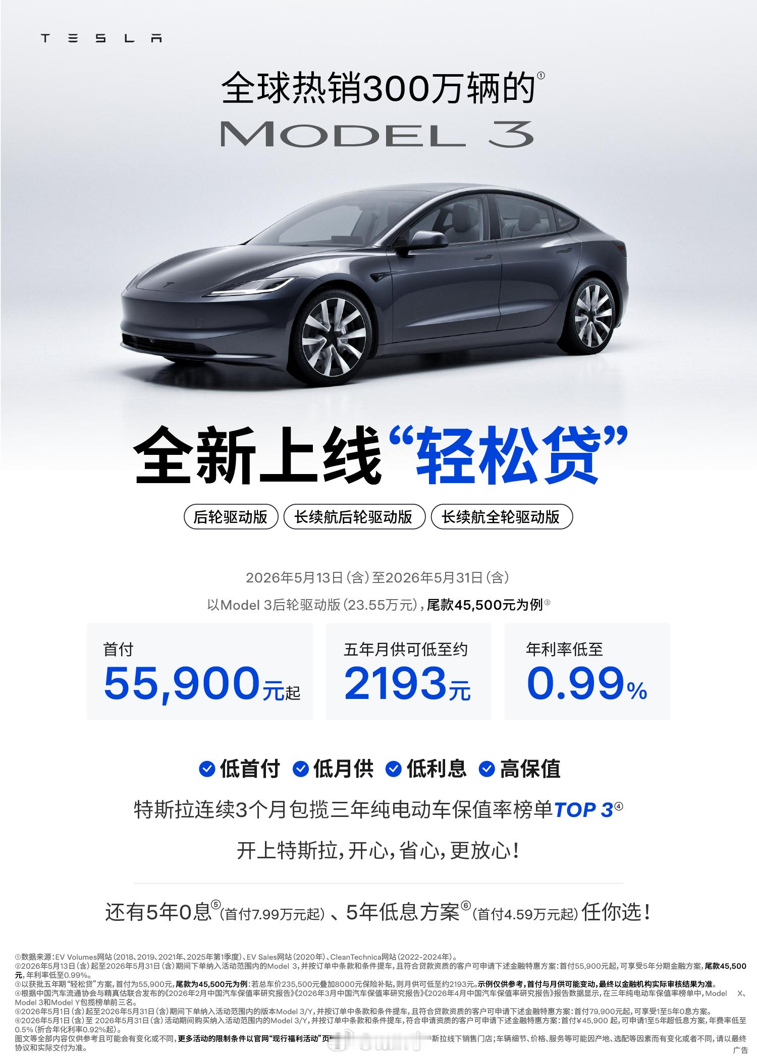 特斯拉全新购车政策“轻松贷”上线最低只要5.59万首付起了，全系车型都能用，中国