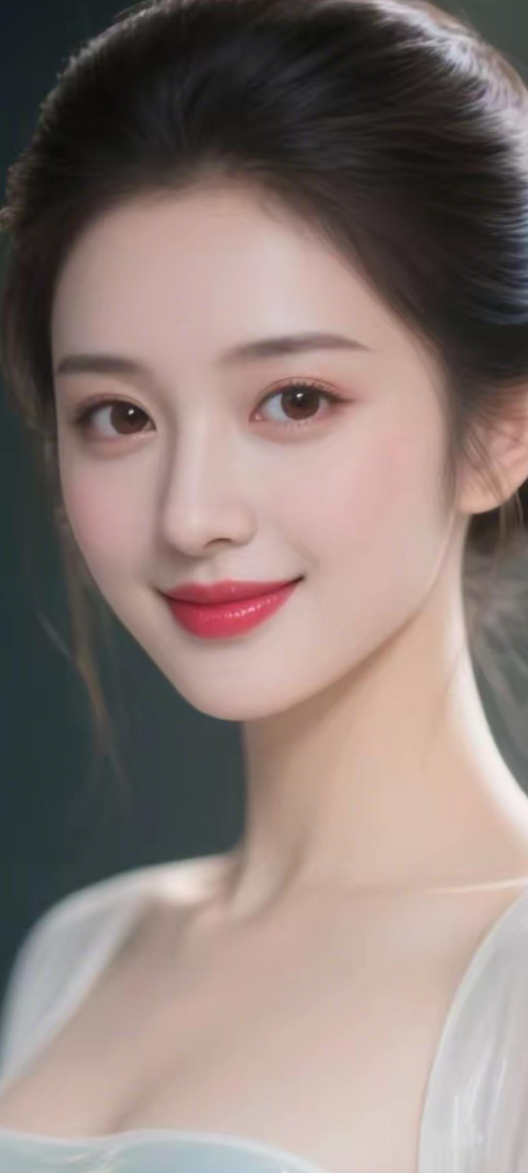 温柔甜美的笑容，红唇轻启，宛如画中仙子。