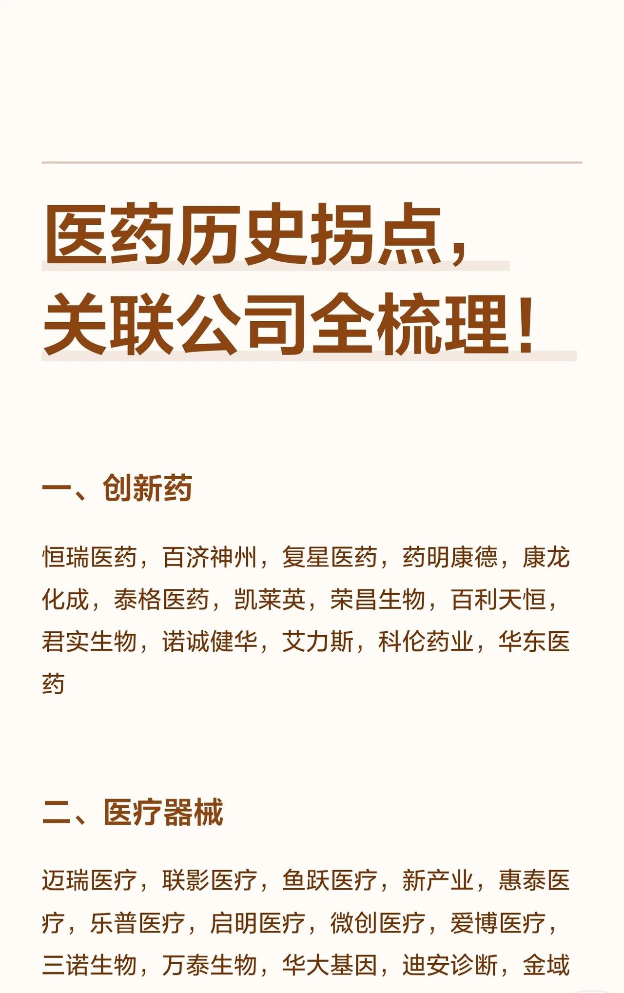 医药历史拐点：关联公司全梳理（分领域精编版）

一、创新药领域

恒瑞医药、百济