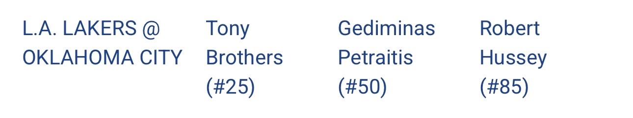 明天湖人vs雷霆裁判组：Tony Brothers、Gediminas Petr