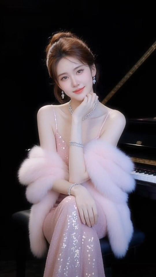 优雅钢琴女郎，粉色礼服与毛绒披肩相得益彰，尽显高贵气质。