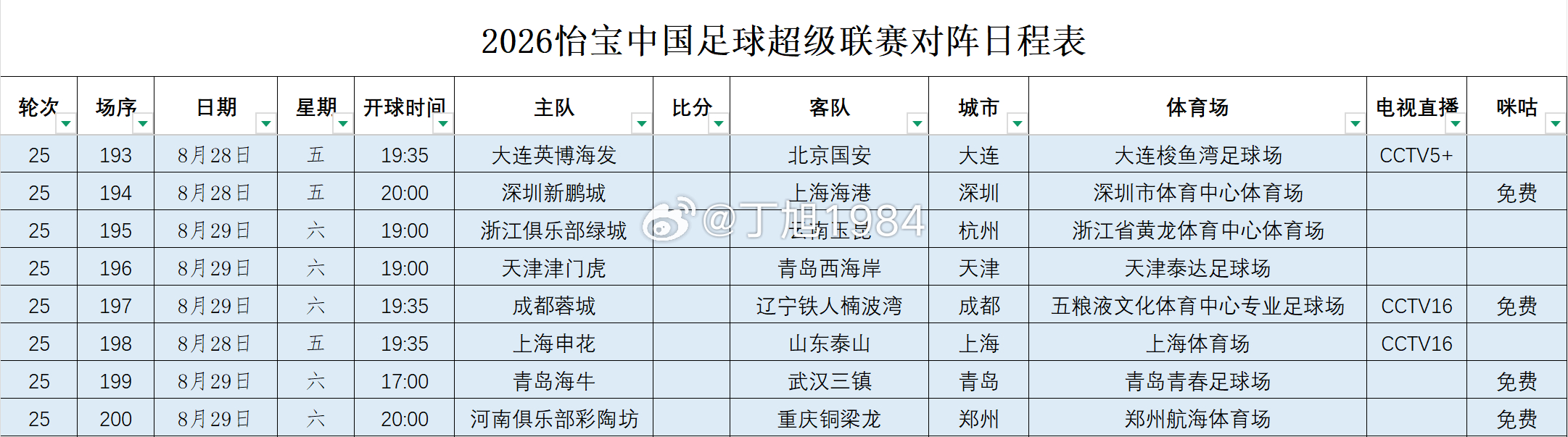 2026怡宝中国足球超级联赛第26轮转播计划表（更新版）（CCTV16增播：上海