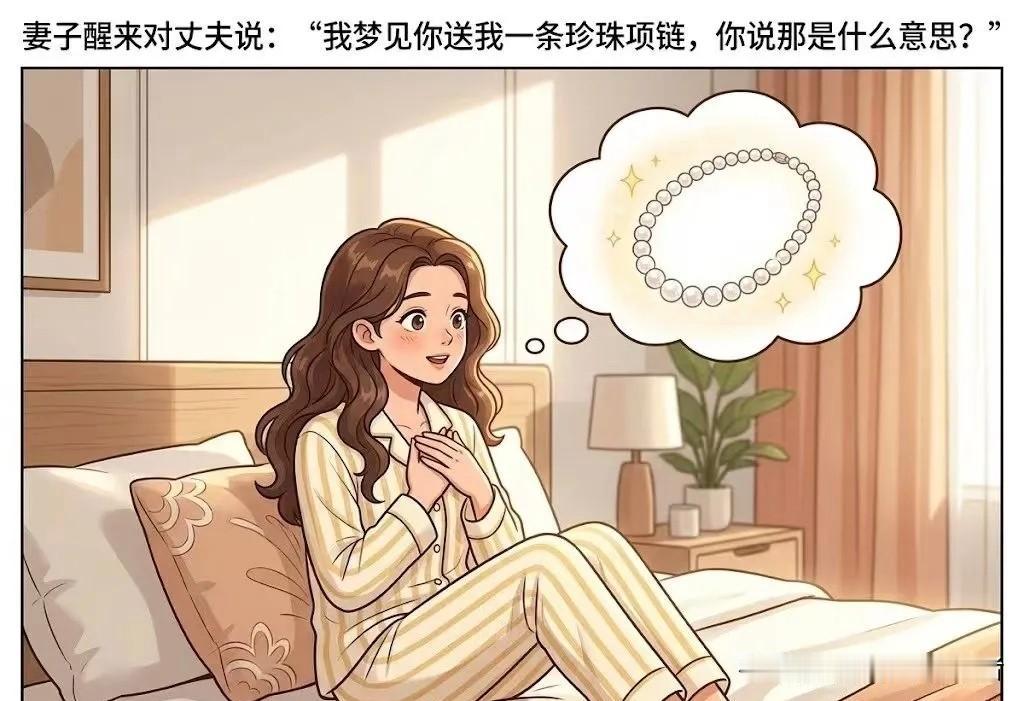趣味漫画：妻子对丈夫说:"我梦见你送我一条珍珠项链，你说那是什么意思? 丈夫笑笑