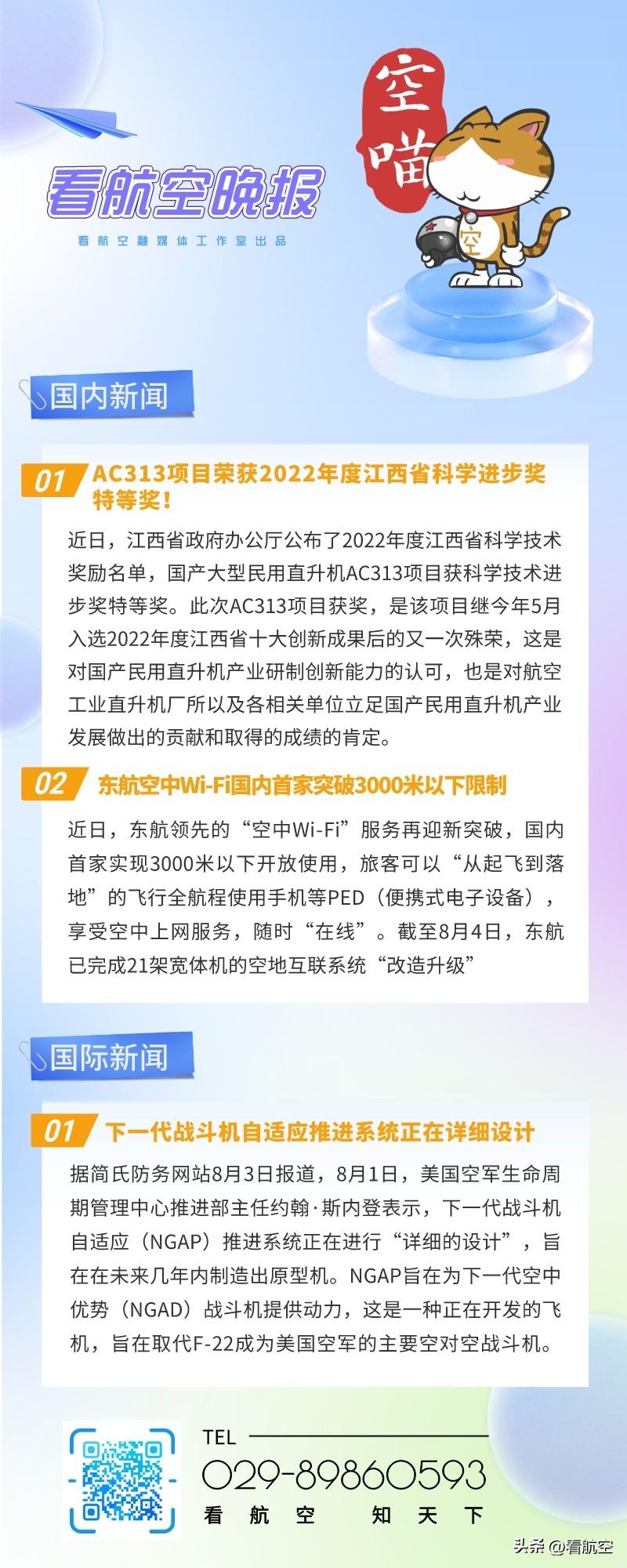 8.7晚报
1、AC313项目荣获2022年度江西省科学进步奖特等奖！
2、东航