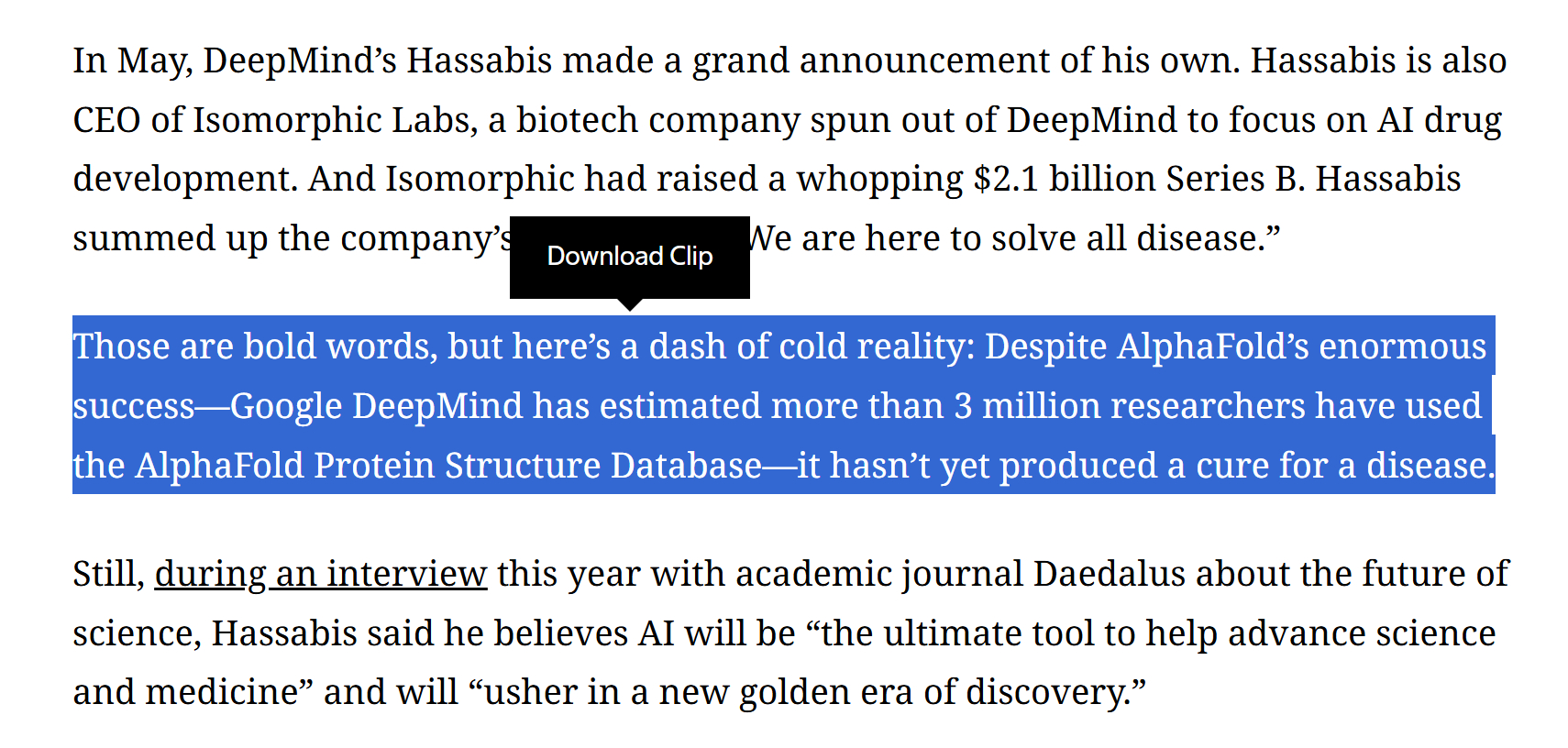 “尽管 AlphaFold 取得了举世公认的突破，据 DeepMind 估算已有