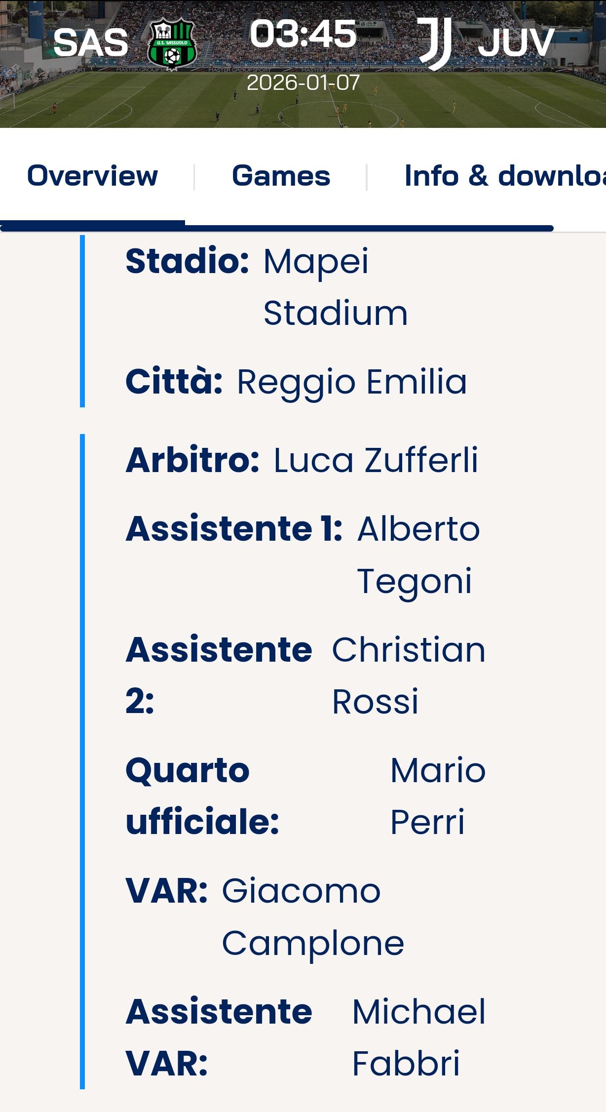 意甲第19轮明日345尤文客场对阵萨索洛。
主裁判：祖弗利
VAR裁判:坎普洛内