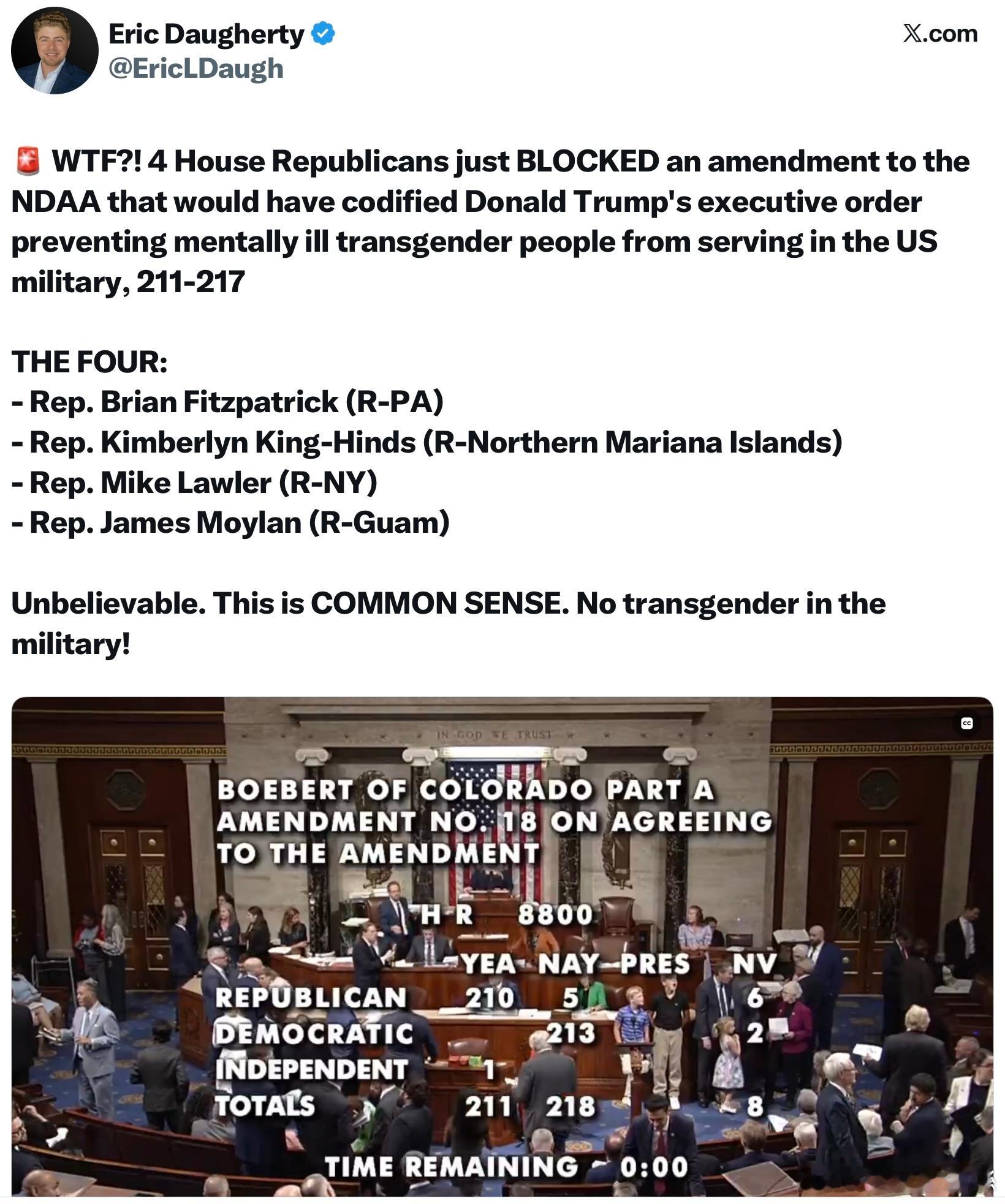 4名眾議院共和黨人居然投票阻撓了一項針對《國防授權法案》（NDAA）的修正案——