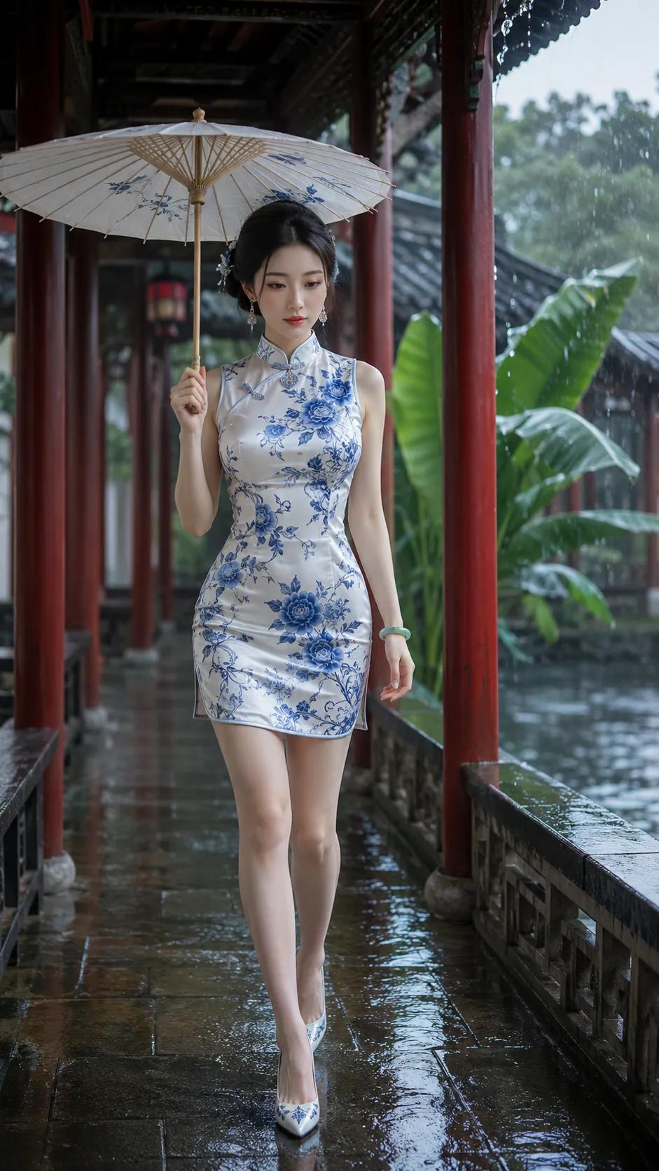 她身着一袭白底蓝花的改良短款旗袍，宛如一件行走的精致瓷器。经典的青花瓷配色，将东