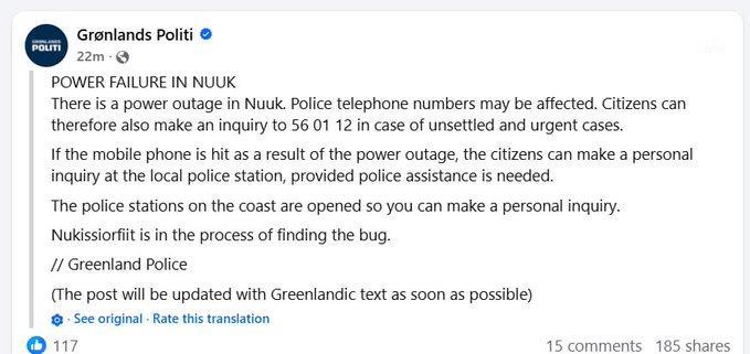 新闻快讯——格陵兰首府努克突发全城停电，警方公布应急求助方式
 
格陵兰首府努克