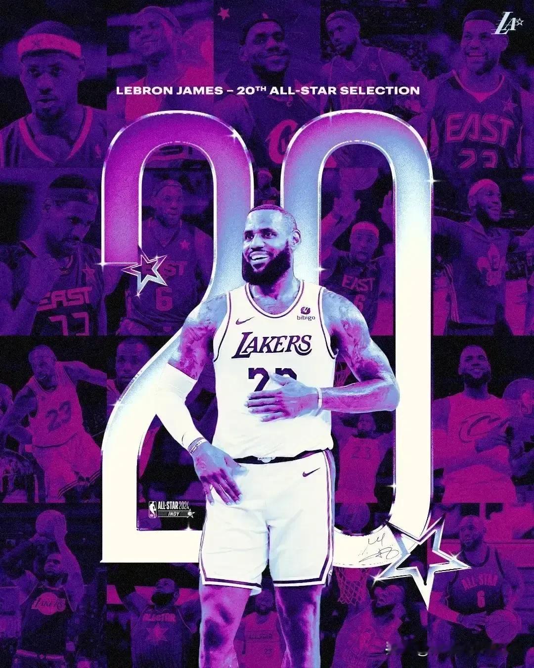 詹姆斯20载，篮球传奇！NBA公布了2024全明星东西部首发阵容。勒布朗-詹姆斯