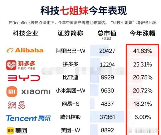 看到有人吹中国的科技“七姐妹”，分别是腾讯（市值4.36万亿）、阿里巴巴（2.3