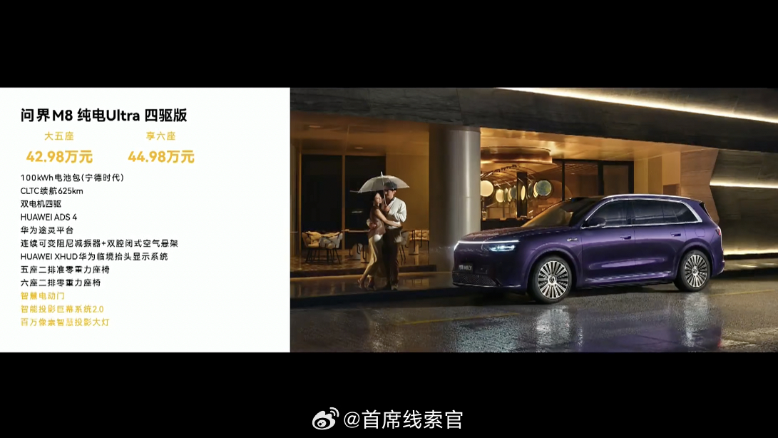 问界m8纯电版上市 问界 M8 纯电 Ultra：- 大五座 42.98 万元。