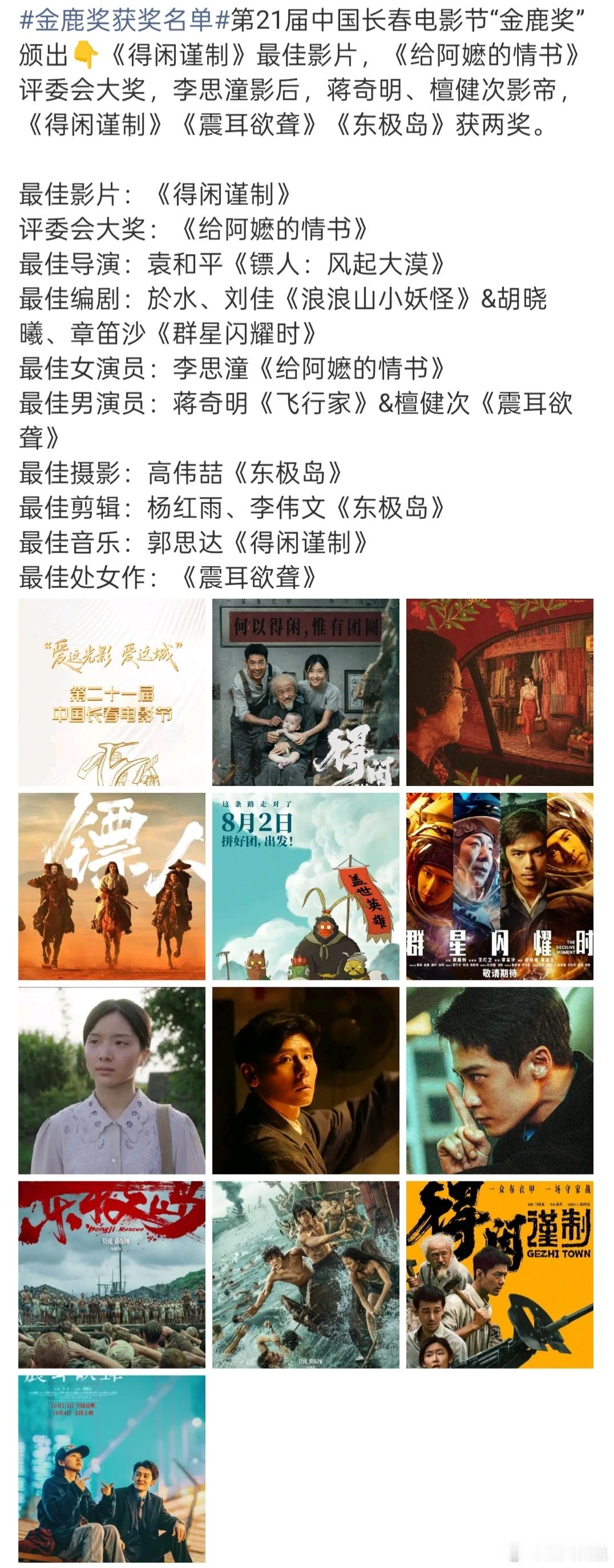 金鹿奖获奖名单长春电影节金鹿奖作为老牌的传统电影奖项，虽然规格不高，但是业内地位