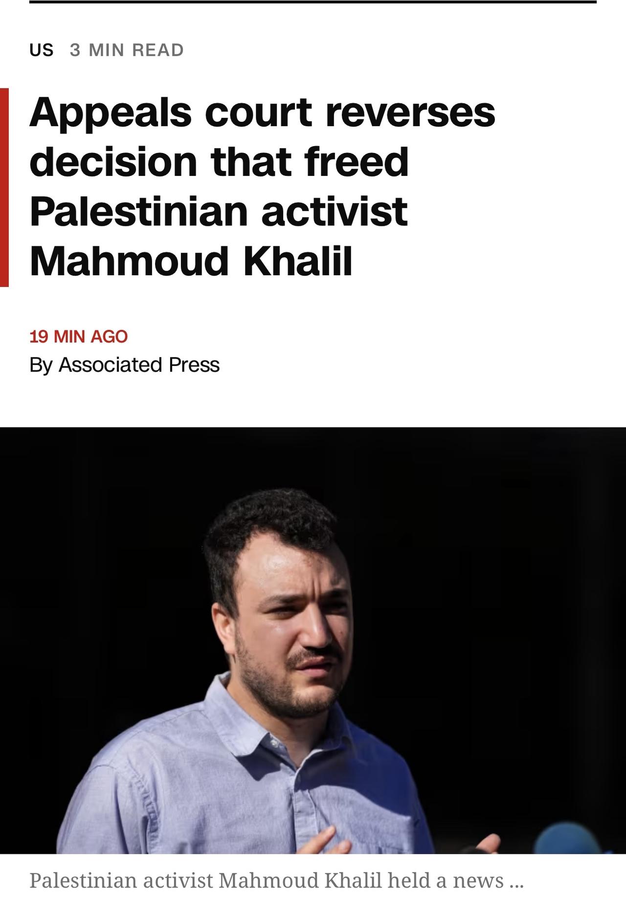 当地时间周四，一个联邦上诉法院推翻了下级法院的裁决，该裁决将马哈茂德.哈利勒Ma