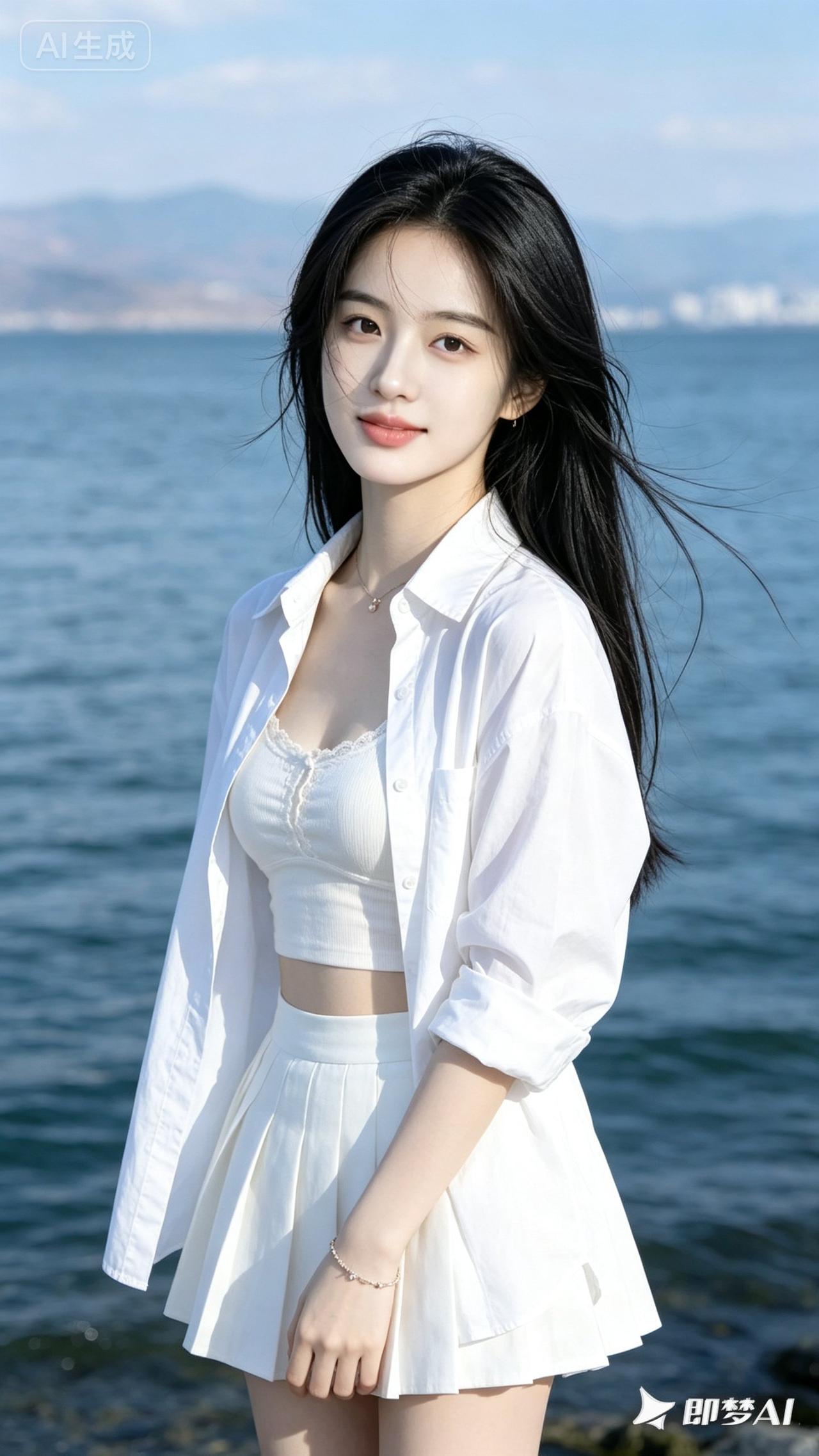 海边美女穿着白色裙装，阳光明媚。