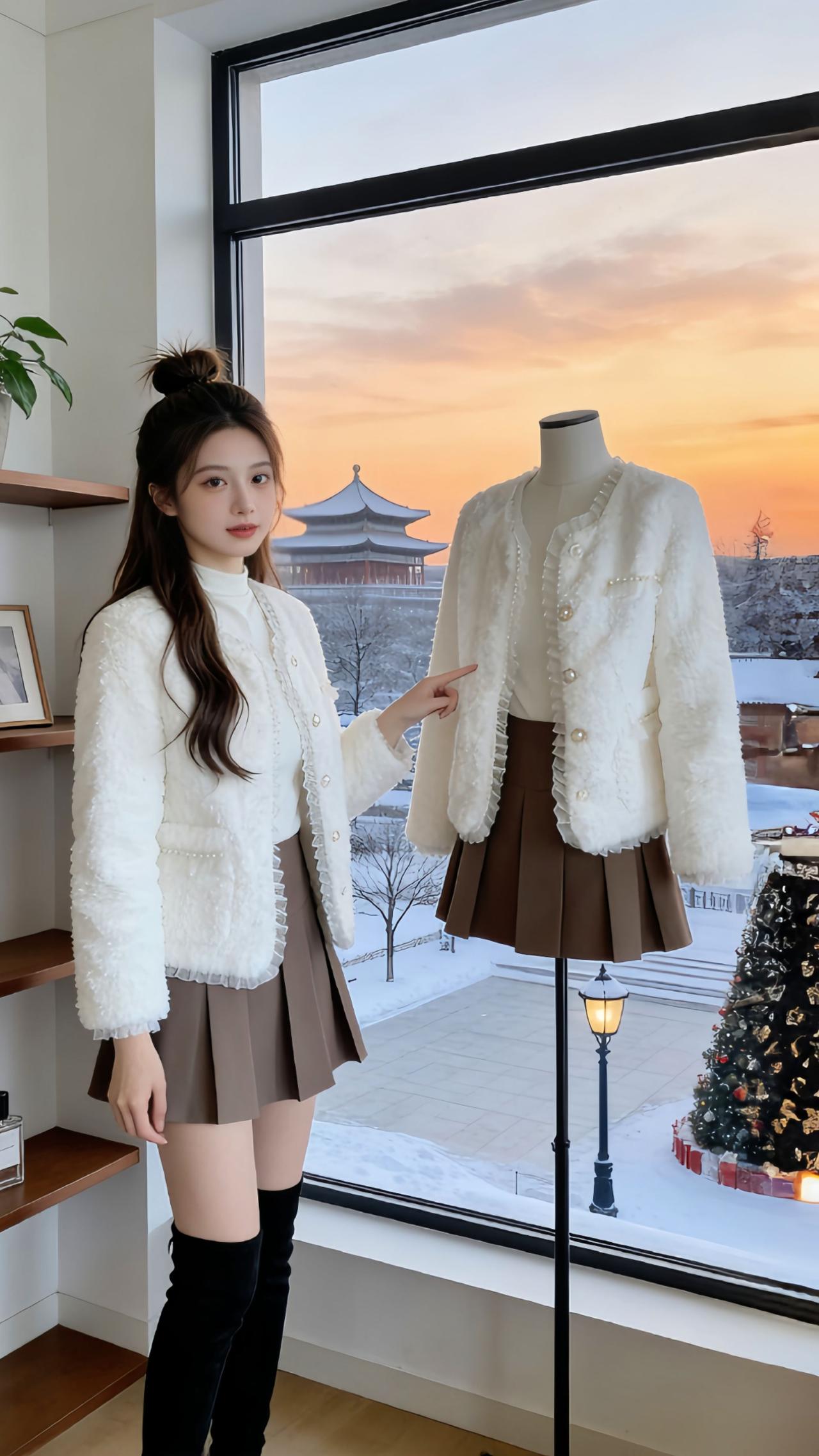 谁懂这件韩系小香风毛绒外套的美！Danny上身直接把冬日温柔氛围感拉满，珍珠花边