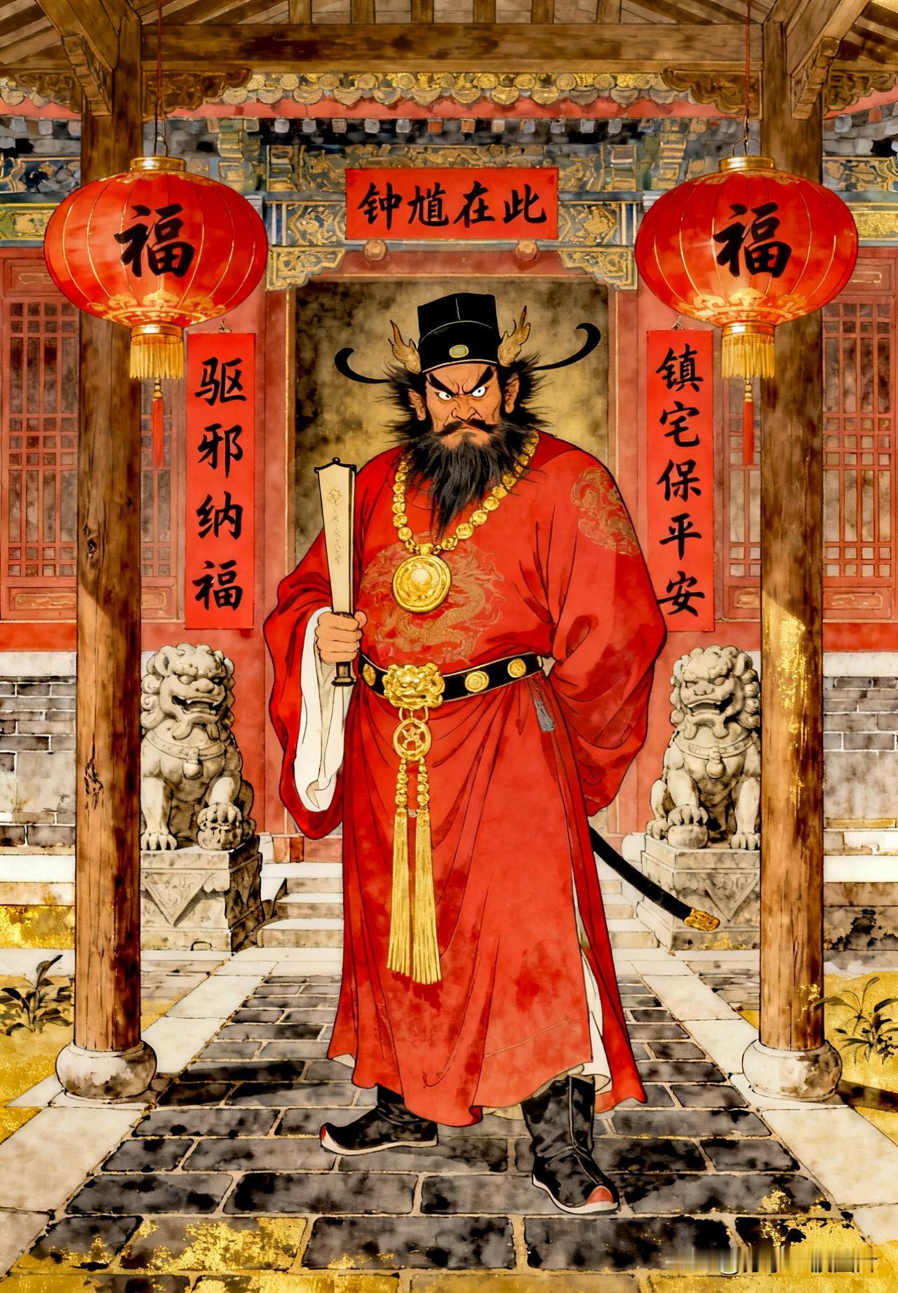 岁暮年关至，钟馗立堂前，驱邪除小厄，挡煞护平安，是非远离身，顺遂迎新年。