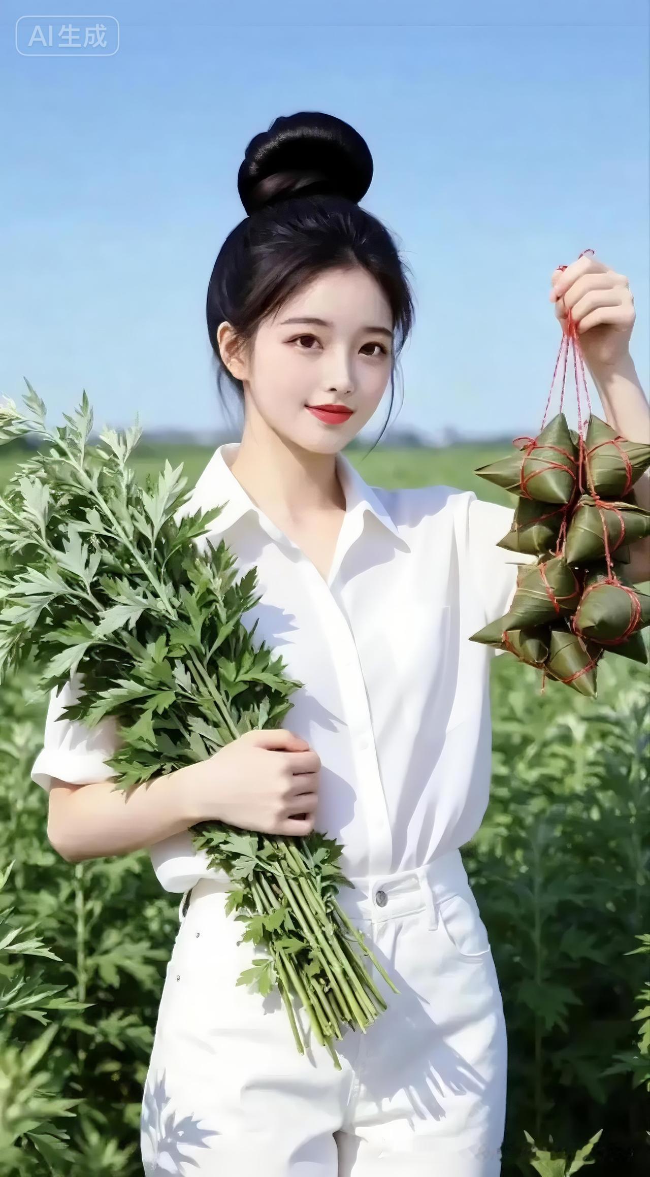 田园少女手捧野菜，清新自然，尽显乡村风情。