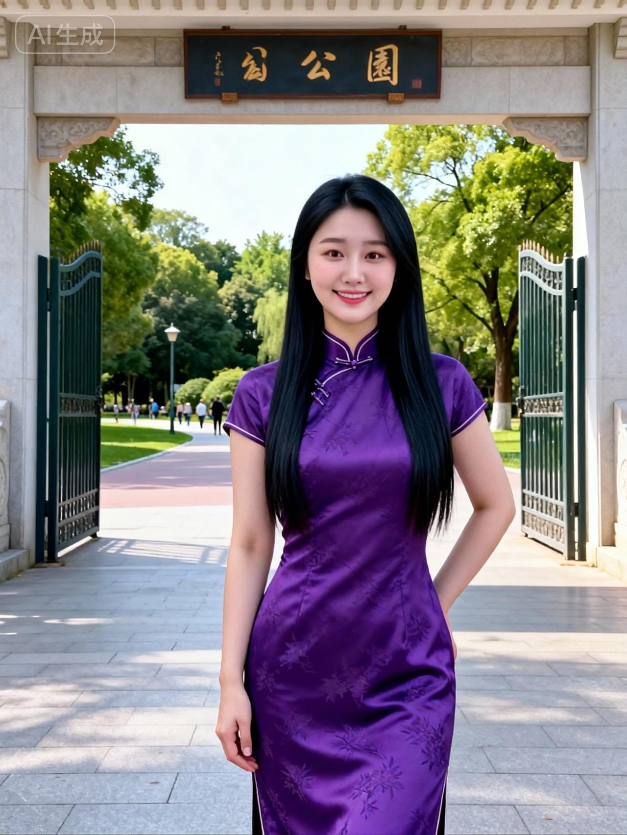 优雅紫旗袍，漫步公园时光