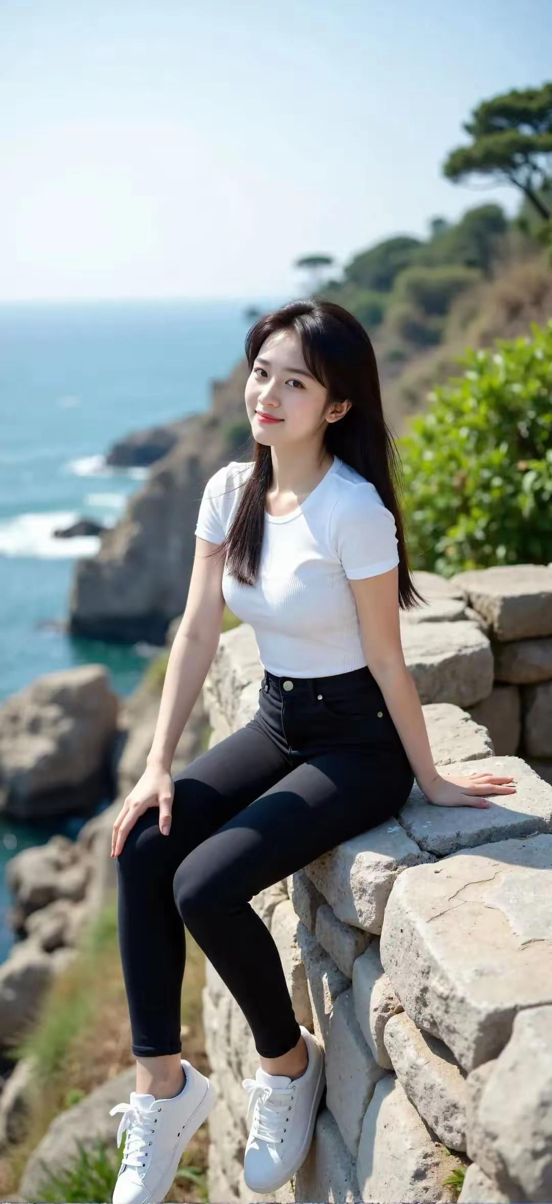 海边悬崖上的少女，白色上衣与黑色紧身裤的完美搭配，阳光下的清新自然。