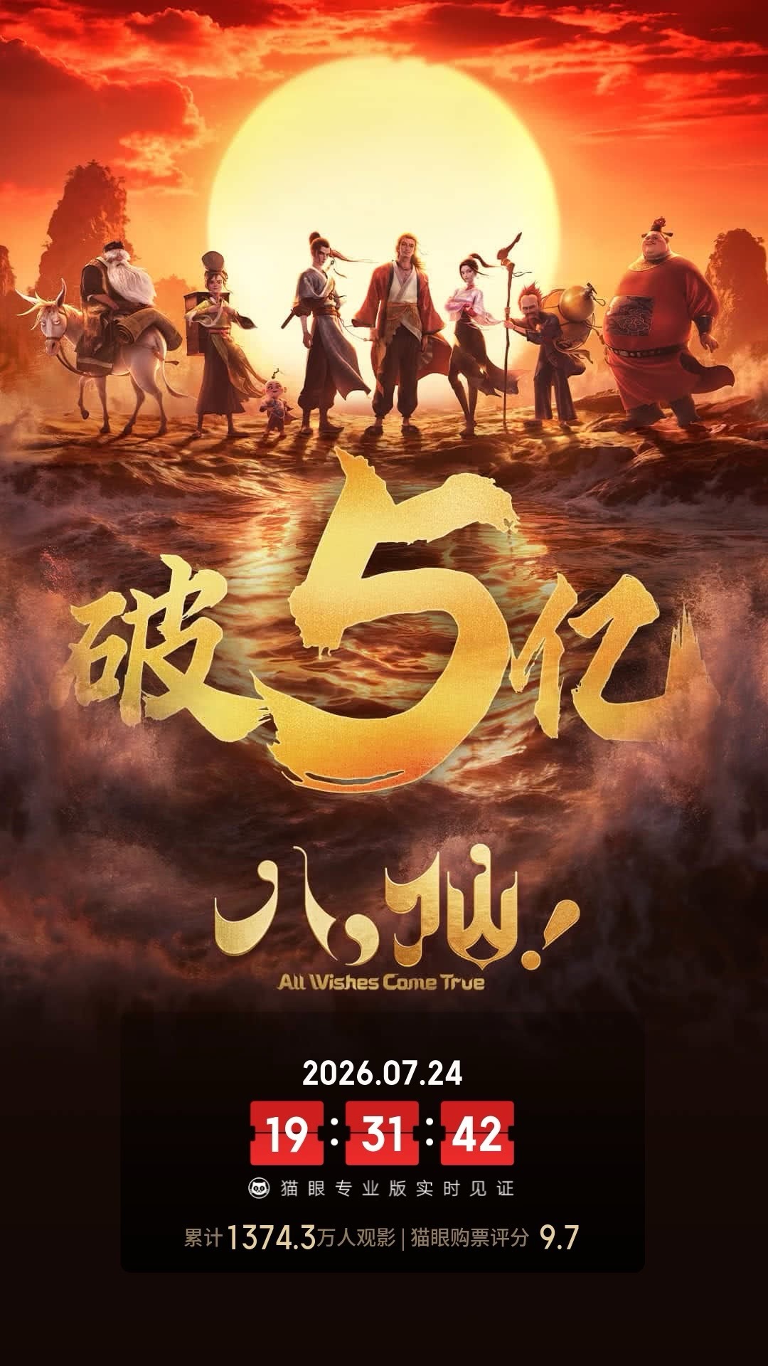 八仙实时票房破5亿 据猫眼专业版数据，电影 《八仙！》 上映7天， 总票房破5亿