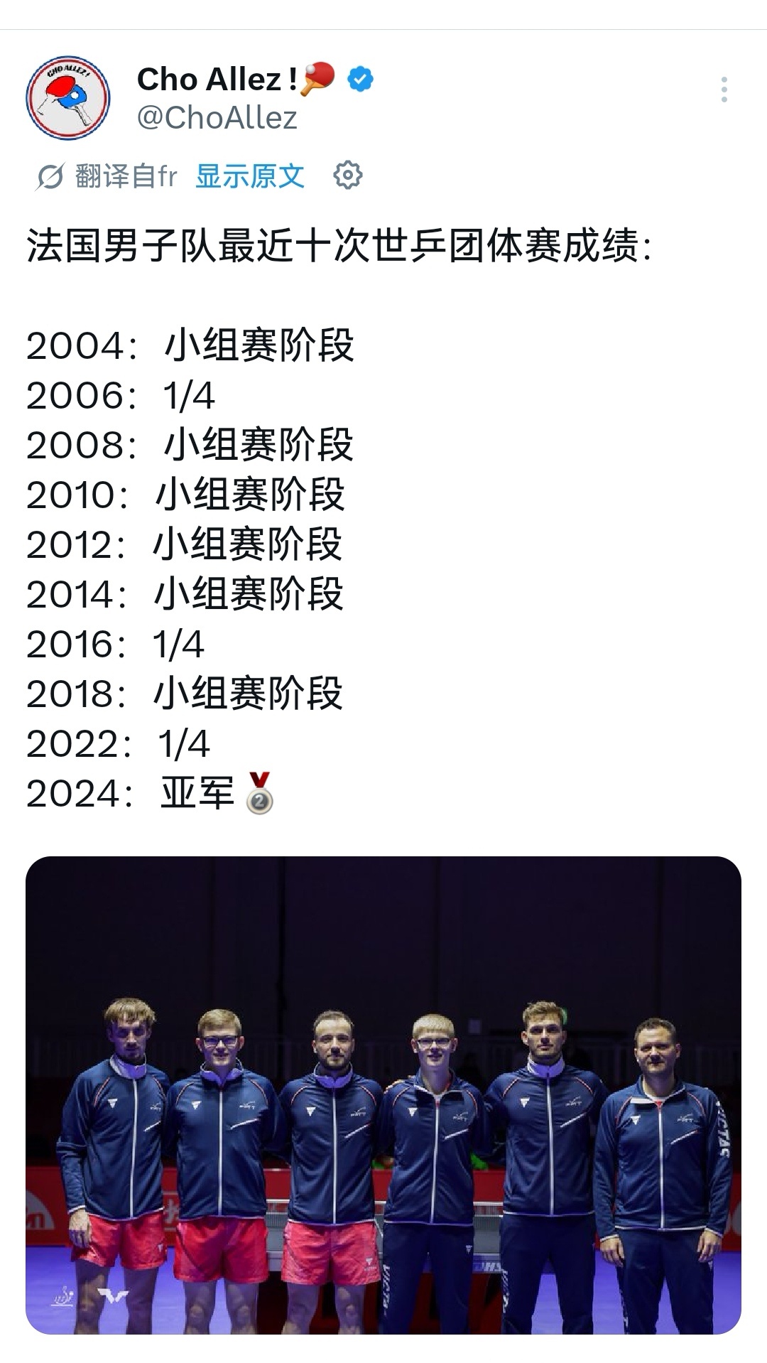 法国队前10届团体世乒赛成绩共计一🥈一🥉 